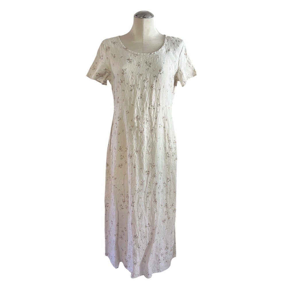 Liz Claiborne LizSport 100% Linen Floral Maxi Dress Cream Petite 12P Vintage